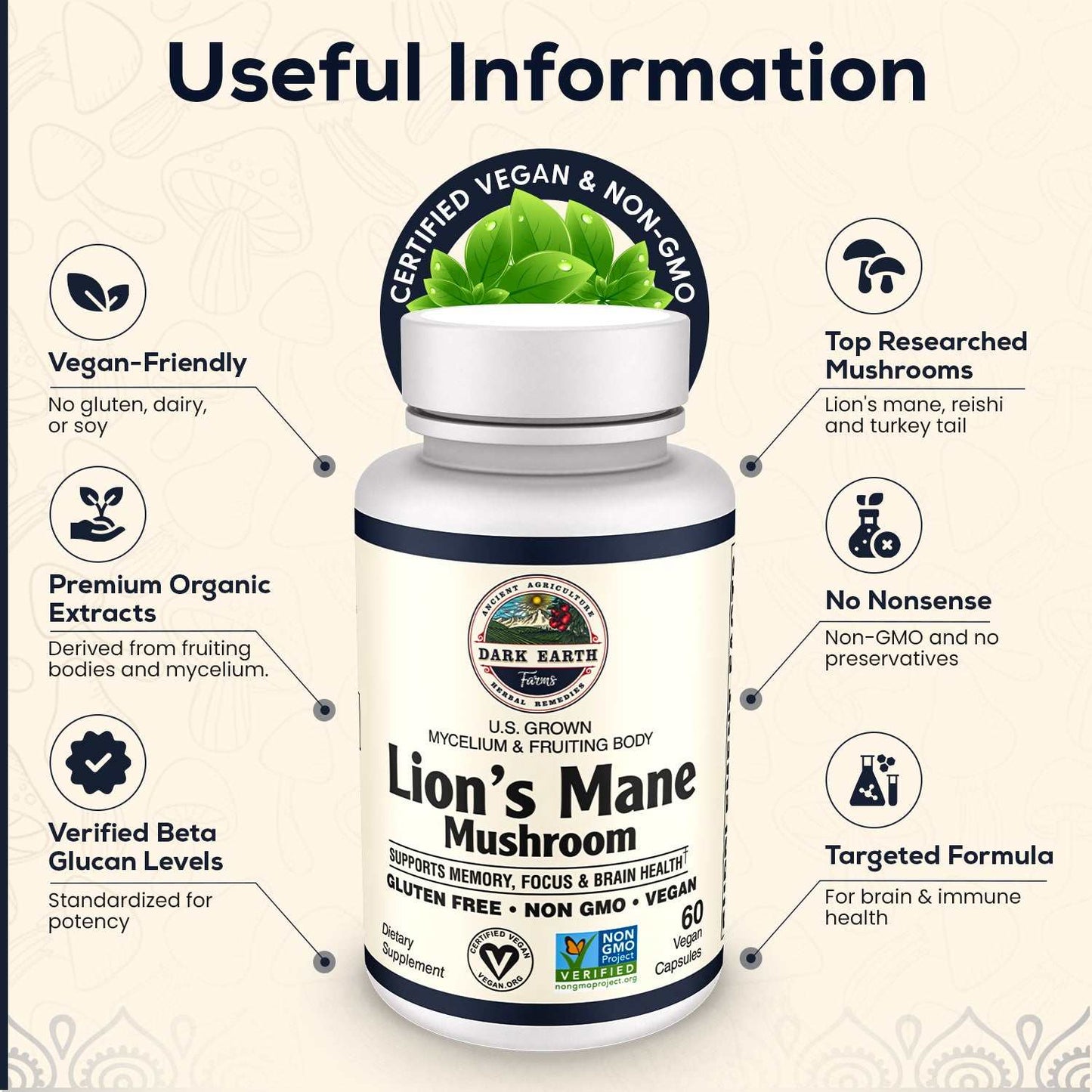 Dark Earth Farms Organic Lions Mane Mushroom Supplement – 60Pcs Vegan Capsules – Immune Support Supplement with Lions Mane Mushroom Powder – Non-GMO, Gluten Free Brain Supplement