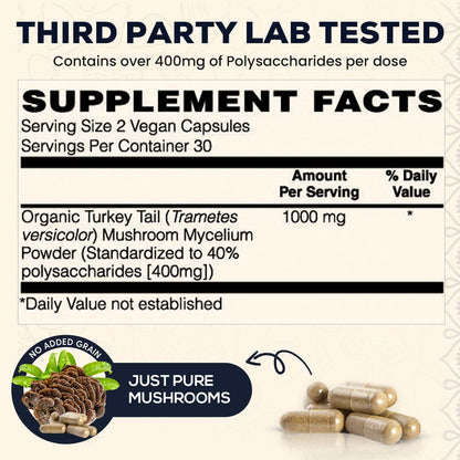 An image of the nutrition label for Dark Earth Farms Organic Turkey Tail Mushroom Capsules, featuring a detailed breakdown of the supplement's ingredients and nutritional information. The label lists the serving size, number of servings per container.  The label also includes information about the supplement's organic and gluten-free certification, GMP certification, and recommended daily intake. The label provides important information to help consumers make informed choices about using the supplement