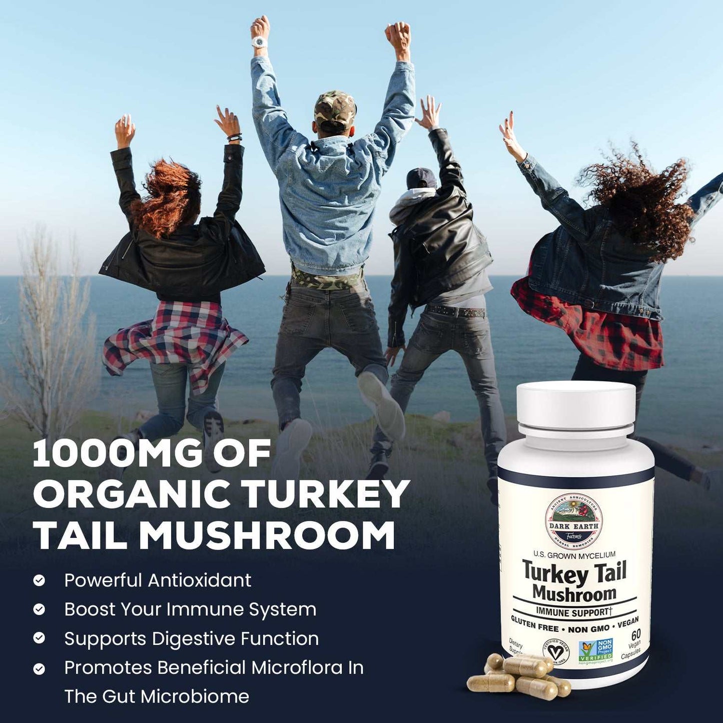 Dark Earth Farms Organic Turkey Tail Mushroom Capsules – 1000mg Turkey Tail Mushroom Powder Immune Defense – 60 Vegan Capsules Mushrooms Supplement Mushroom Immune Support – No Gluten, GMP Certified